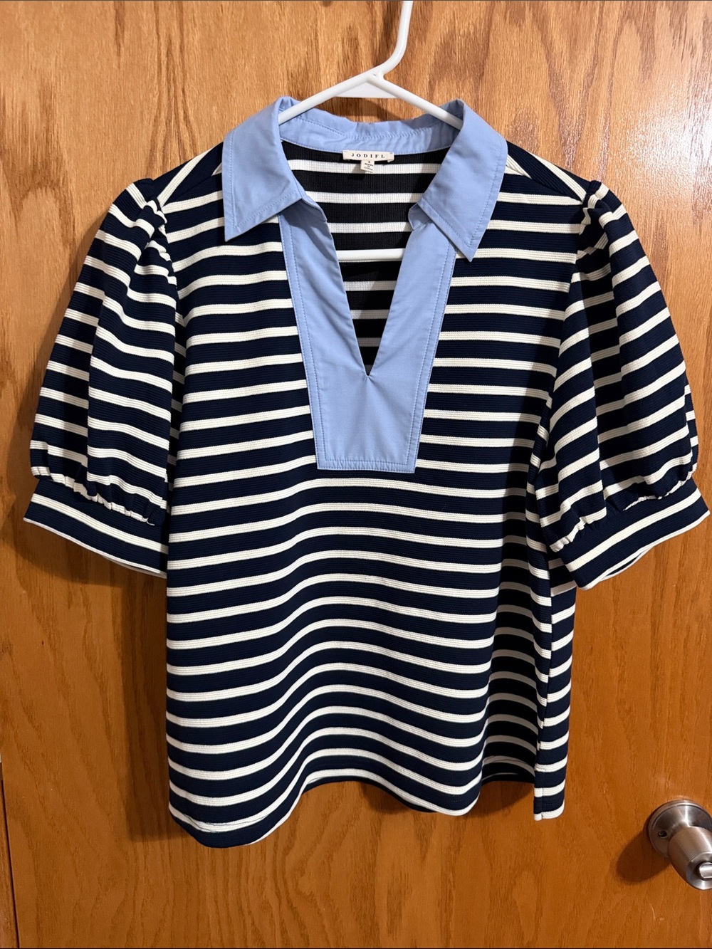 JODIFL Navy and White Striped V-neck Top with Light Blue Collar